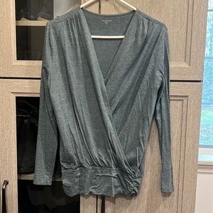 Sage green , long sleeve, faux wrap, cinched waits, knit top